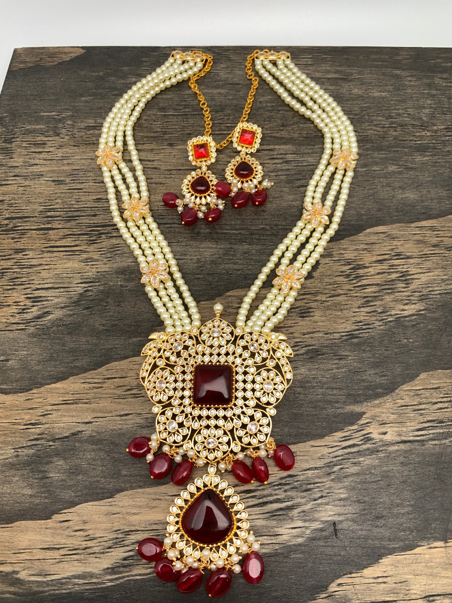 Red Stone CZ Red Beads and Pearl Long Rani Haar