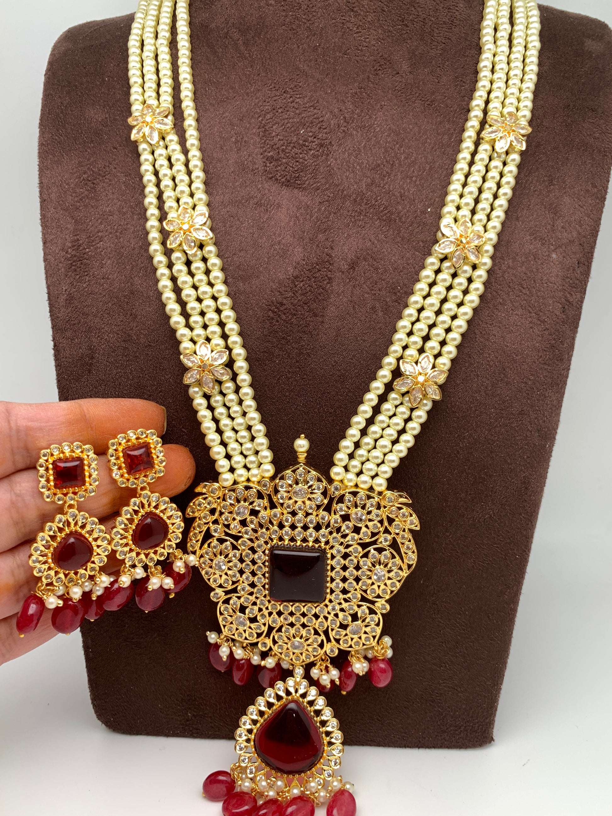 Red Stone CZ Red Beads and Pearl Long Rani Haar