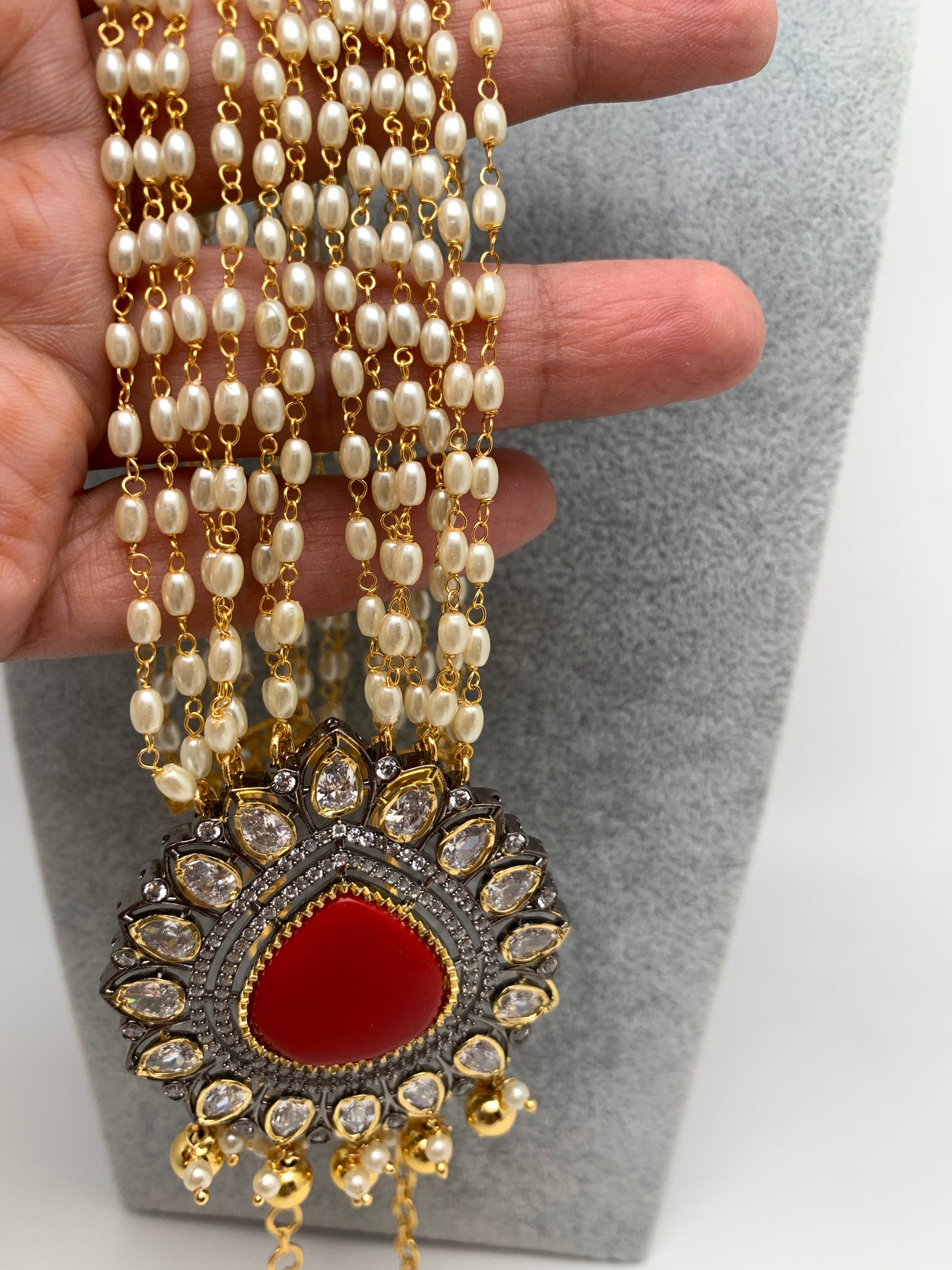 Coral Stone Victorian Finish Pendent Rice Pearls Rani Haar