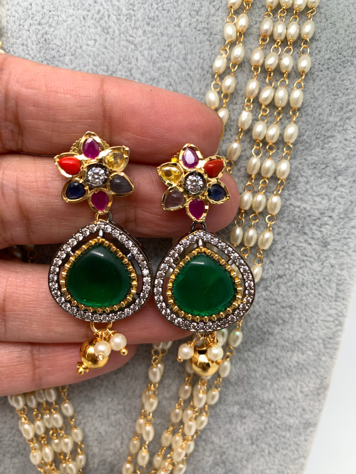 Green Stone Victorian Finish Navratan Pendent Rice Pearls Rani Haar