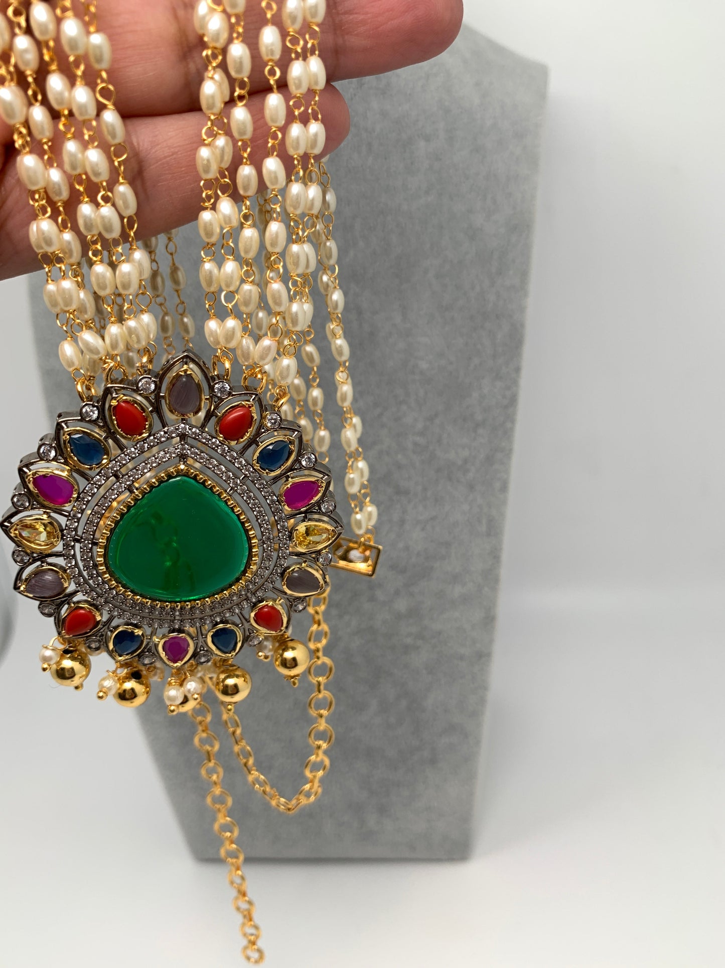 Green Stone Victorian Finish Navratan Pendent Rice Pearls Rani Haar