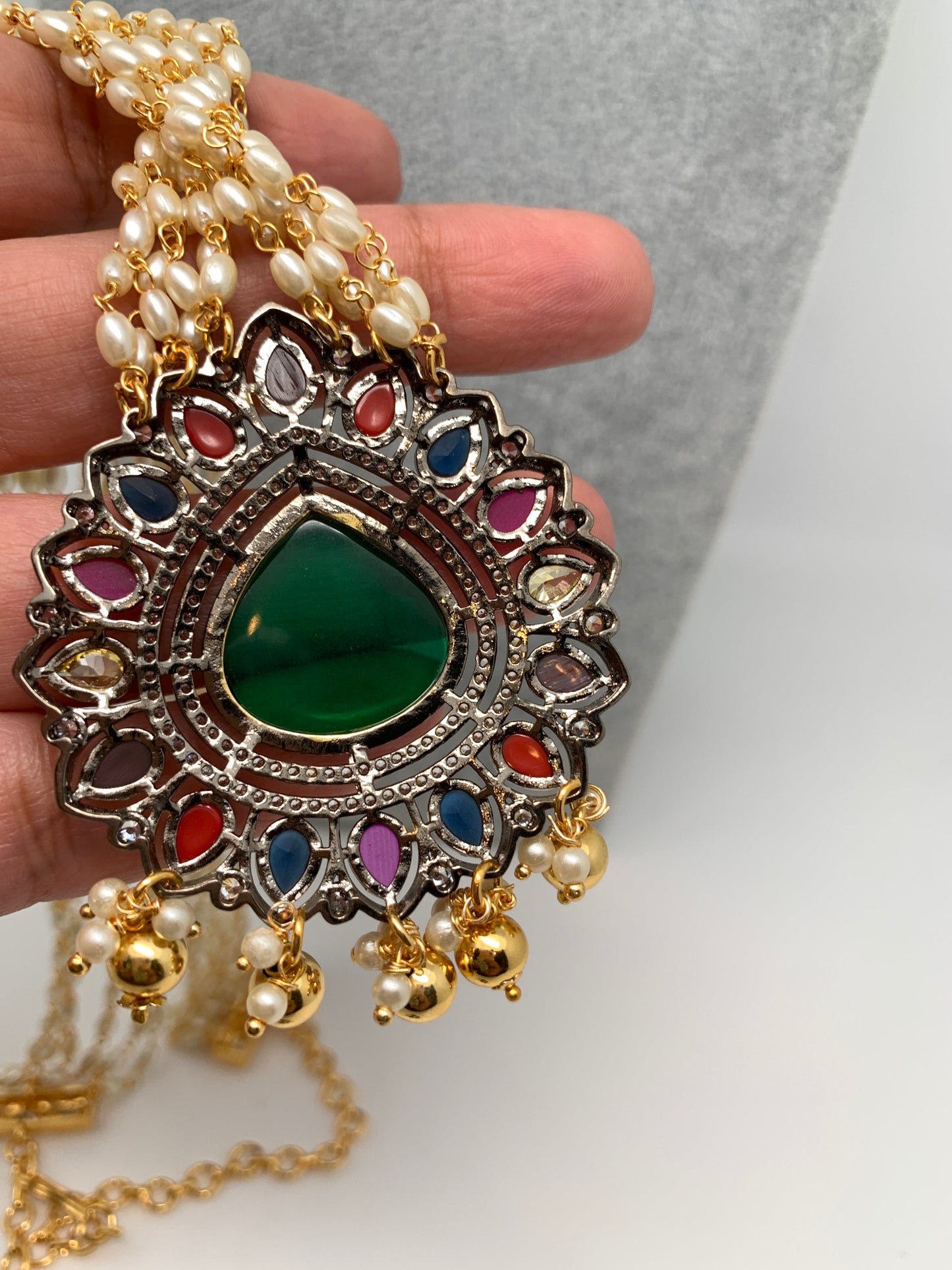 Green Stone Victorian Finish Navratan Pendent Rice Pearls Rani Haar