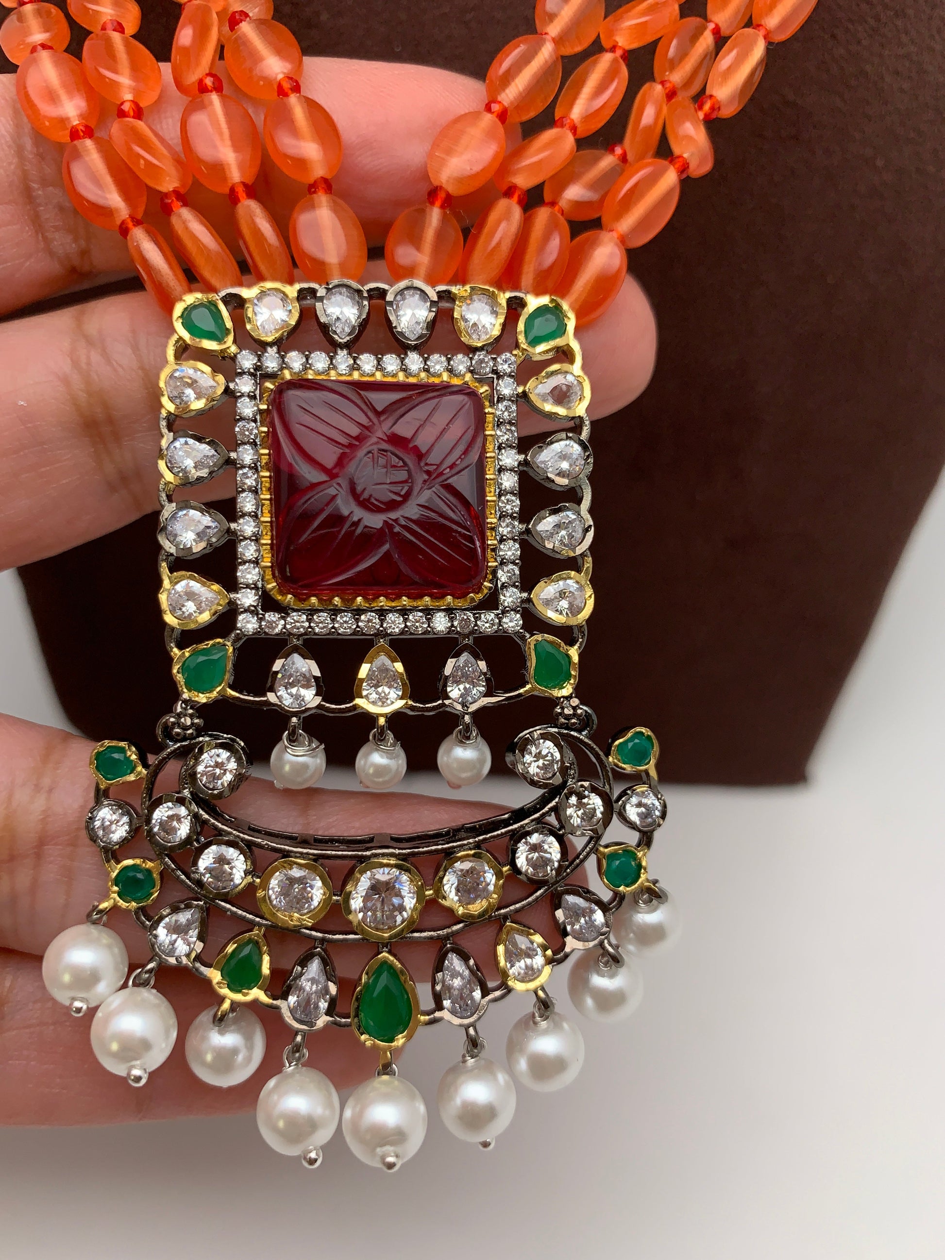 Red Stone AD Victorian Polish Pendent and Red Crystal Beads Pearls Nec –  Sheetal's FabFashion