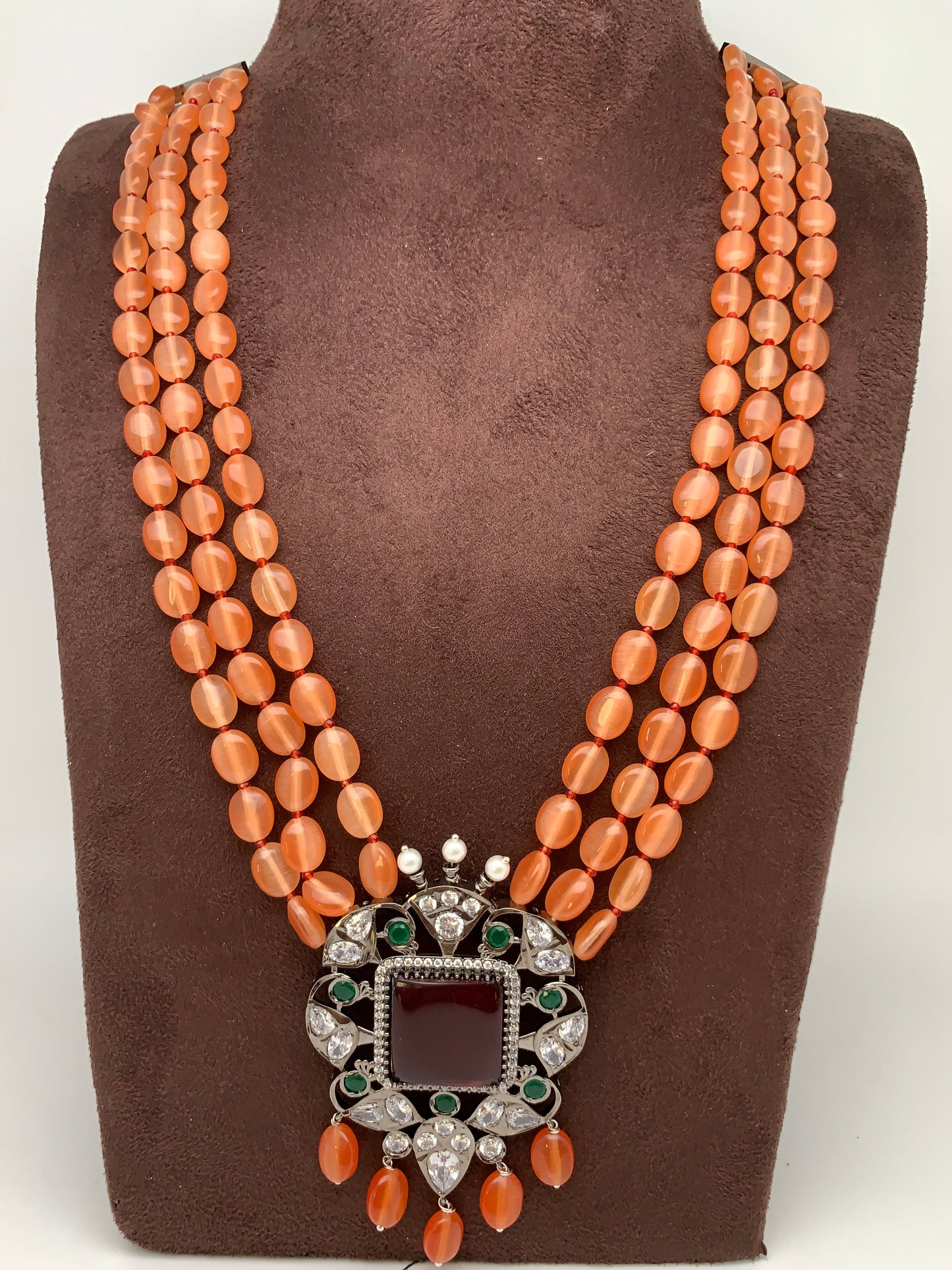 Pink Green Stone AD Victorian Polish Pendent and Orange Beads Necklace