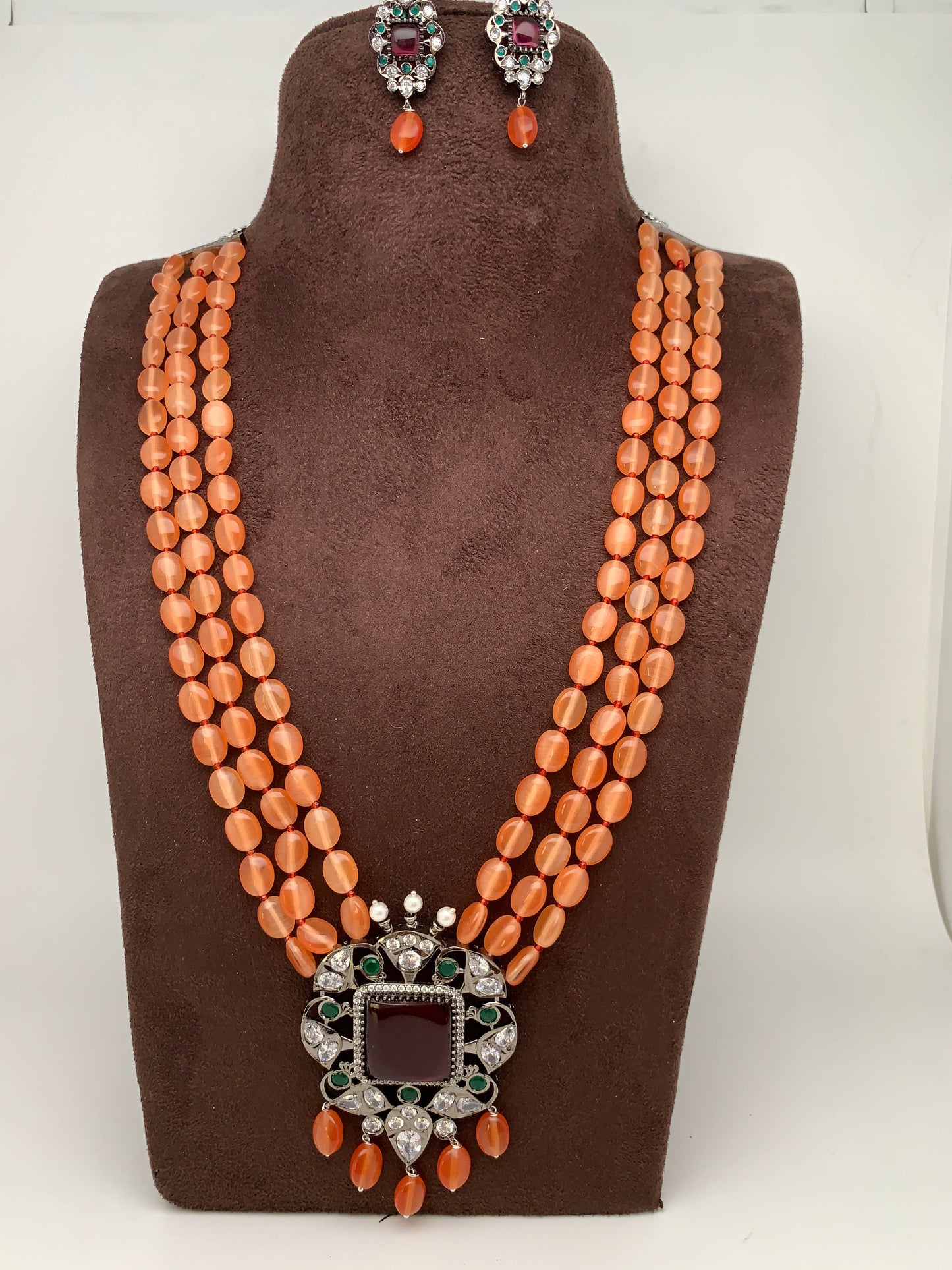 Pink Green Stone AD Victorian Polish Pendent and Orange Beads Necklace