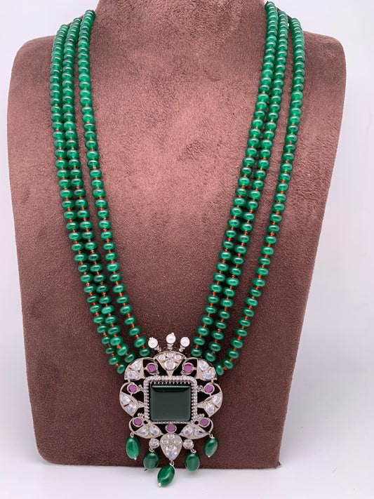 Green Pink Stone AD Victorian Polish Pendent and Green Beads Necklace