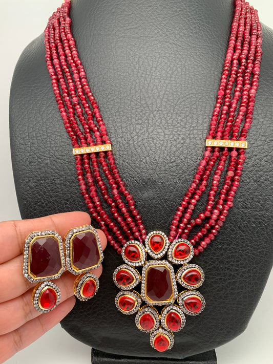 AD Red Stone Pendent Mint Maroon Beads Necklace