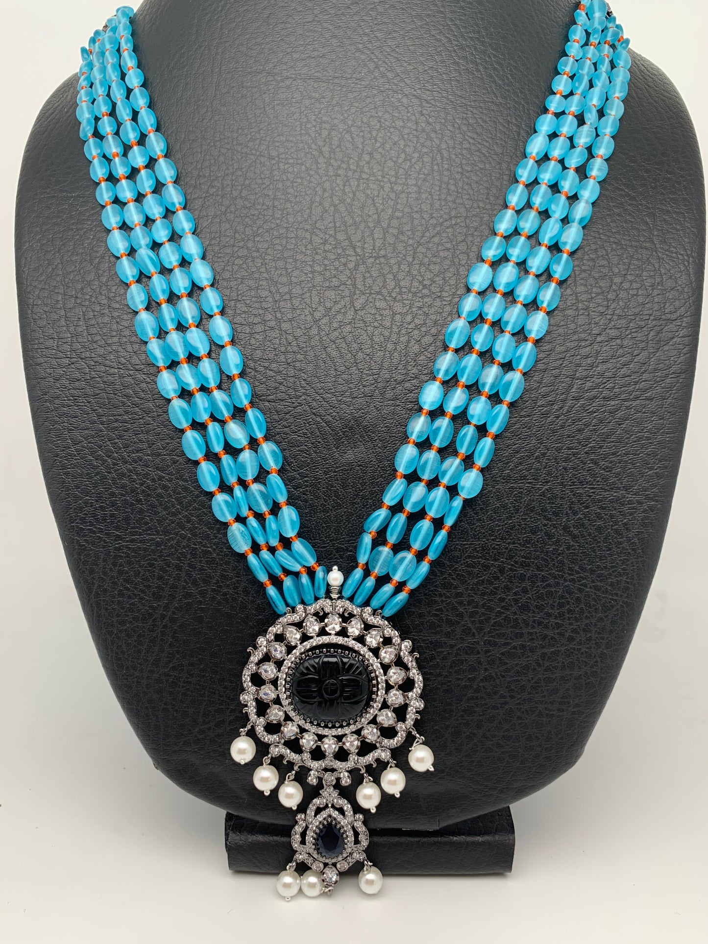 Blue Stone AD Victorian Polish Pendent and Blue Beads Necklace