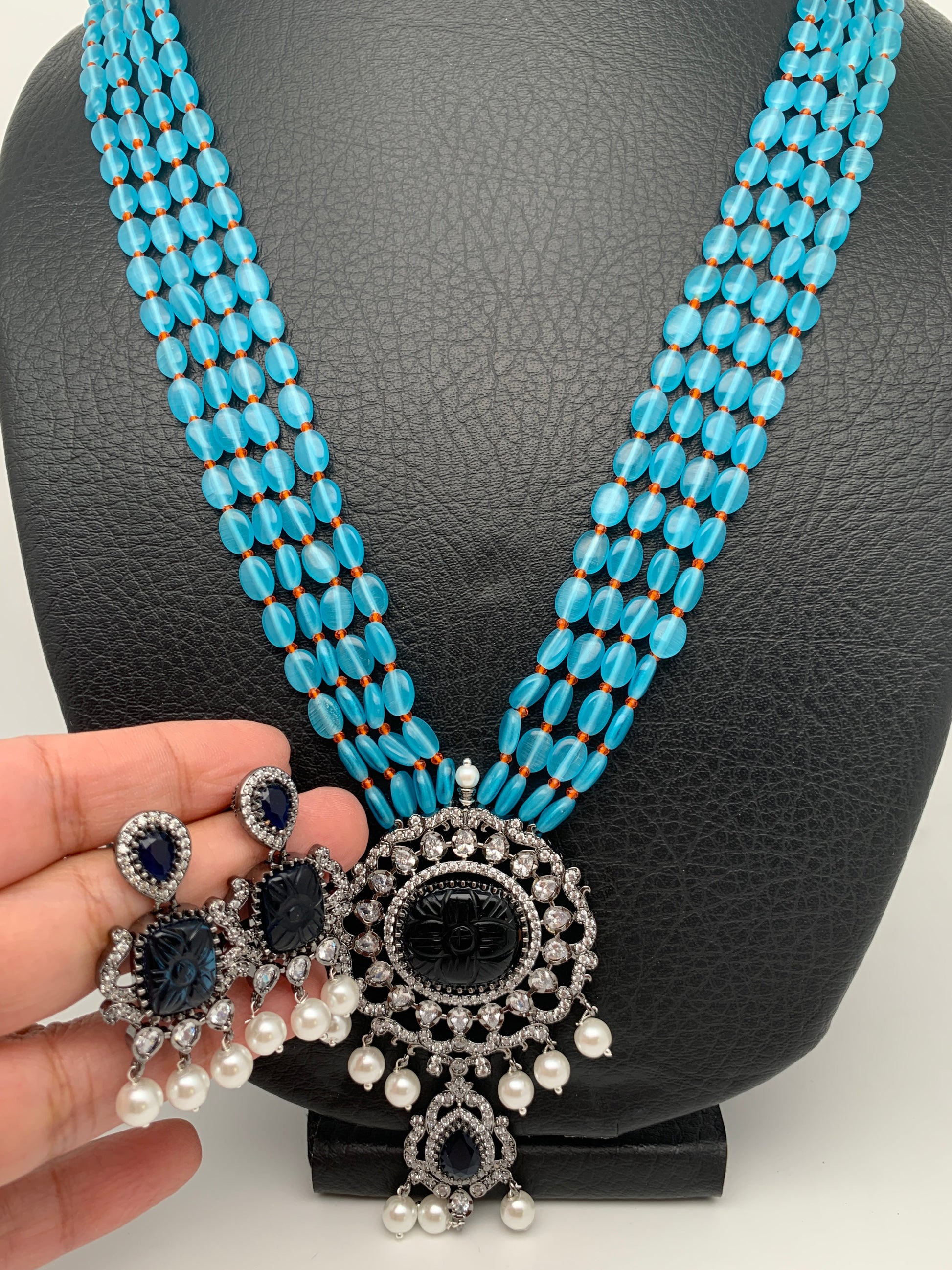 Blue Stone AD Victorian Polish Pendent and Blue Beads Necklace