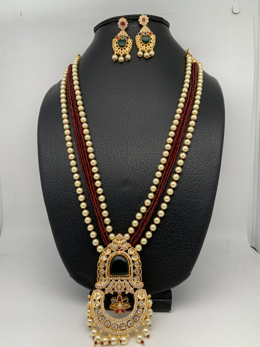 Navratan Stone AD Pendent and Maroon Crystal Beads Pearls Necklace