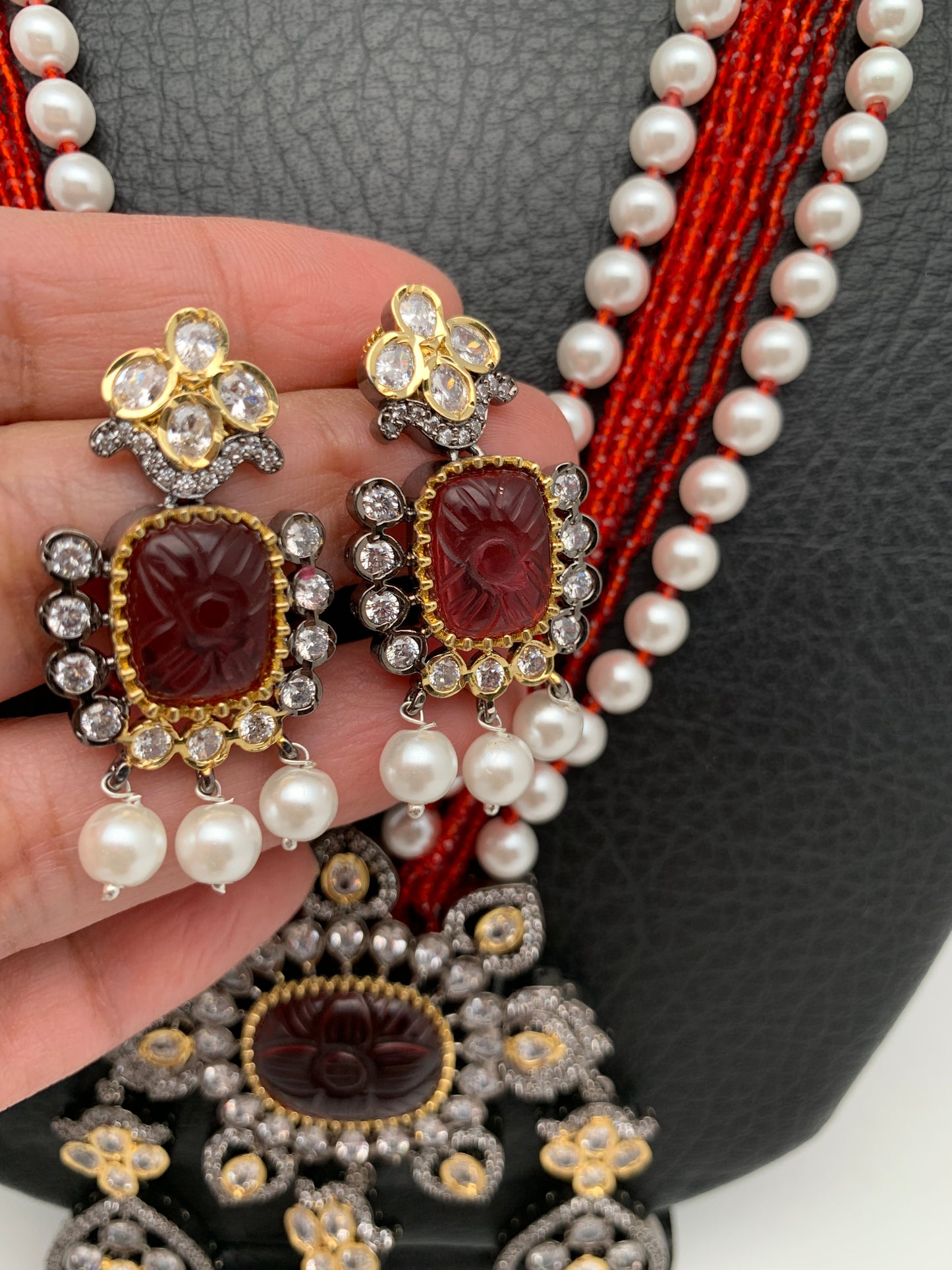 Red Stone AD Victorian Polish Pendent and Red Crystal Beads Pearls Necklace