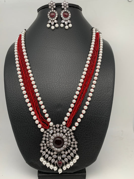 Red Stone AD Victorian Polish Pendent and Red Crystal Beads Pearls Necklace