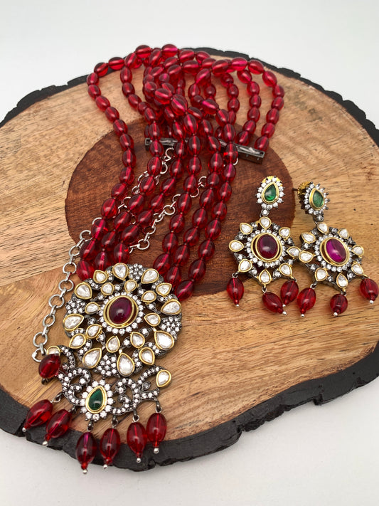 Kundan Red Green Stone Victorian Polish Pendent with Maroon Beads Necklace Set