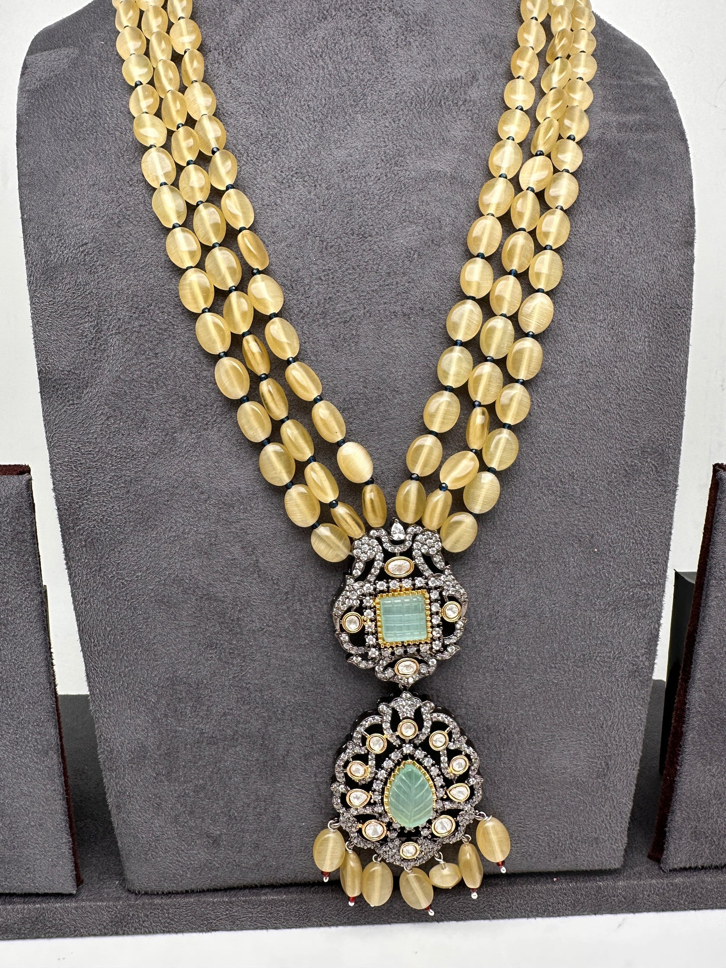 Mint Green Stone AD Victorian Polish Pendent and Yellow Beads Necklace