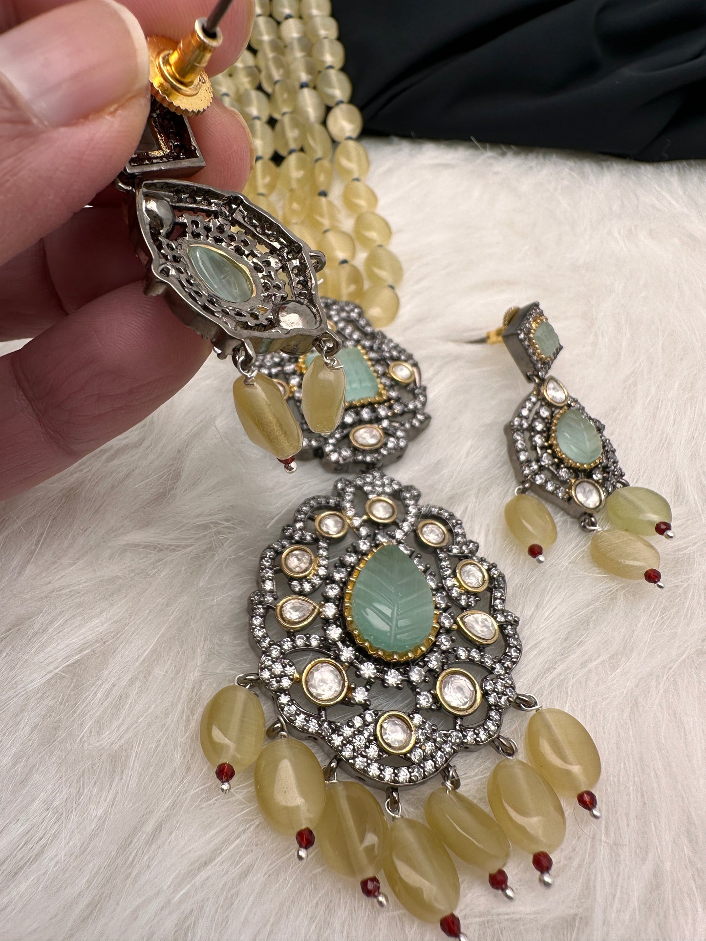 Mint Green Stone AD Victorian Polish Pendent and Yellow Beads Necklace