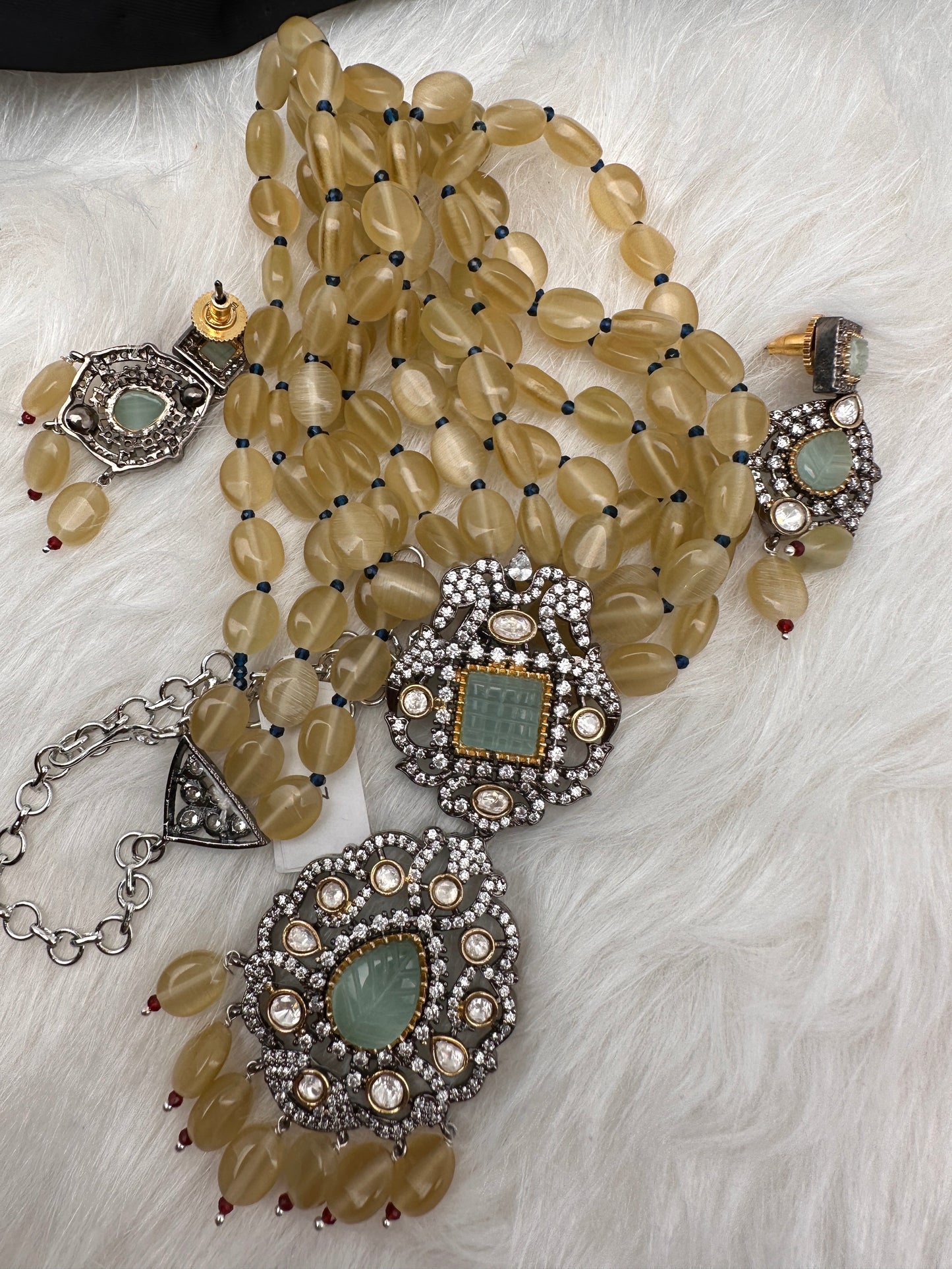 Mint Green Stone AD Victorian Polish Pendent and Yellow Beads Necklace