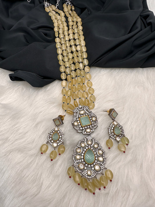 Mint Green Stone AD Victorian Polish Pendent and Yellow Beads Necklace