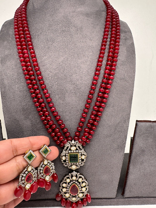 Red Green Stone AD Victorian Polish Pendent and Red Beads Necklace