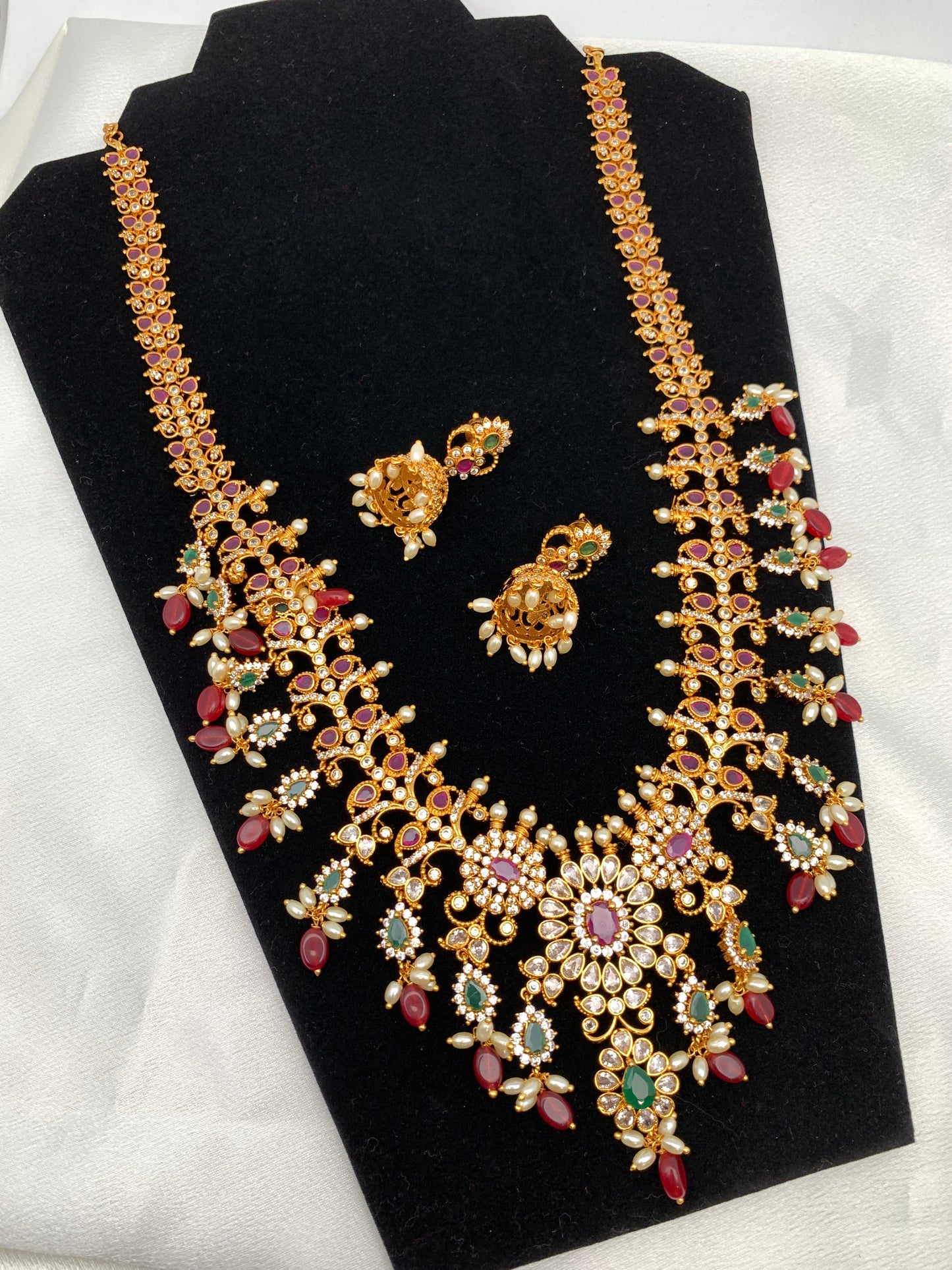 CZ Multi Stone Red beads Long Necklace