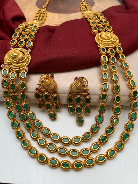 Three Layer Green Stone Peacock Design Long Mala Ethnic Necklace