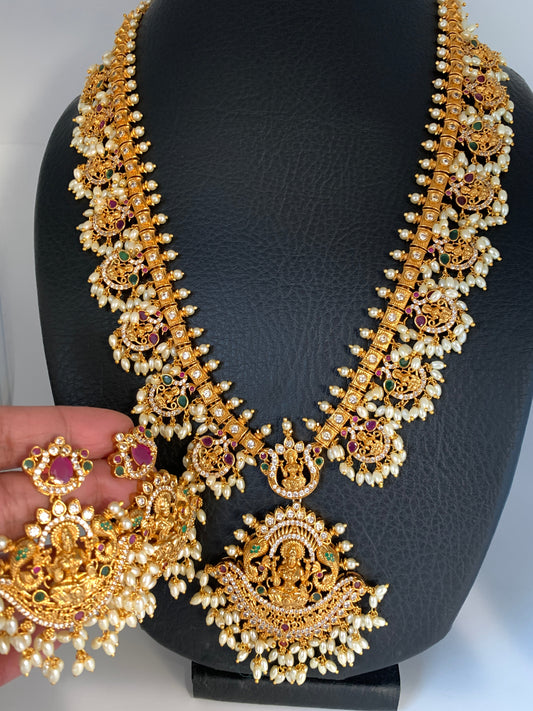 Multi Stone Rice Pearls Long Guttapusalu Necklace