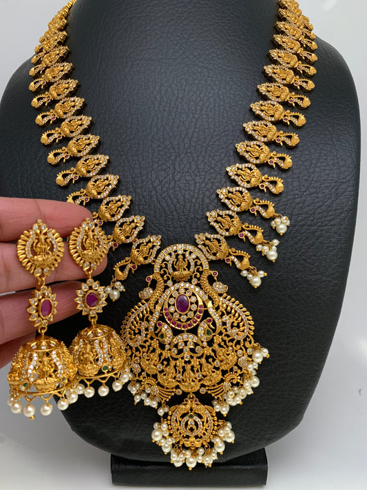 Goddess Lakshmi Red Stone CZ Peacock Long Necklace