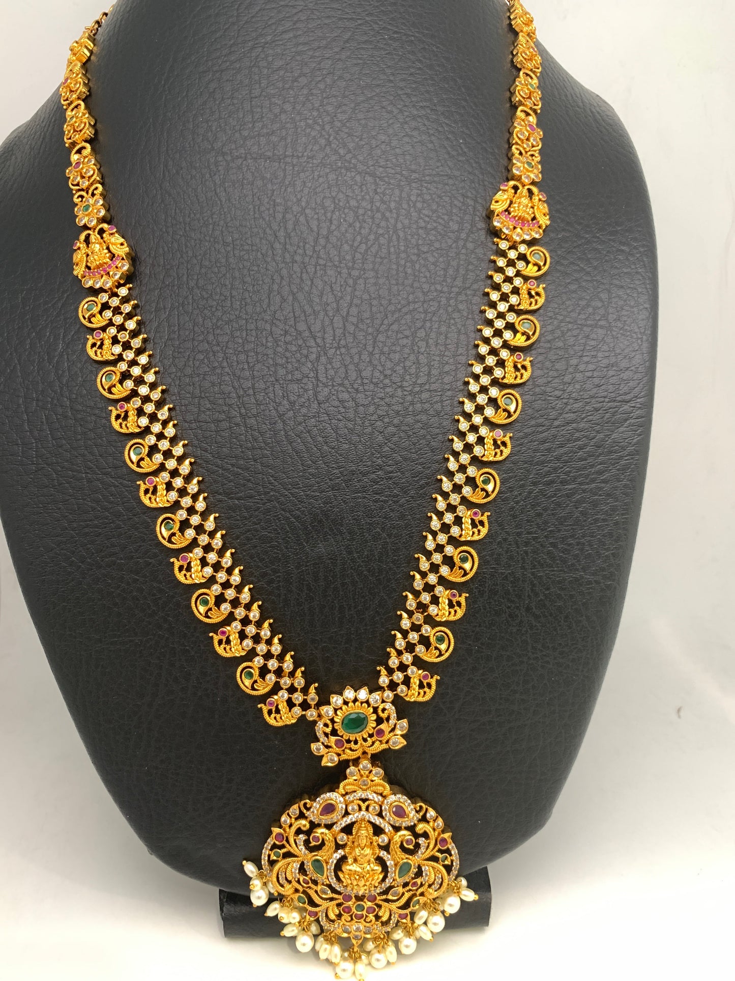 Goddess Lakshmi Peacock Multi Stone Pearls Long Necklace