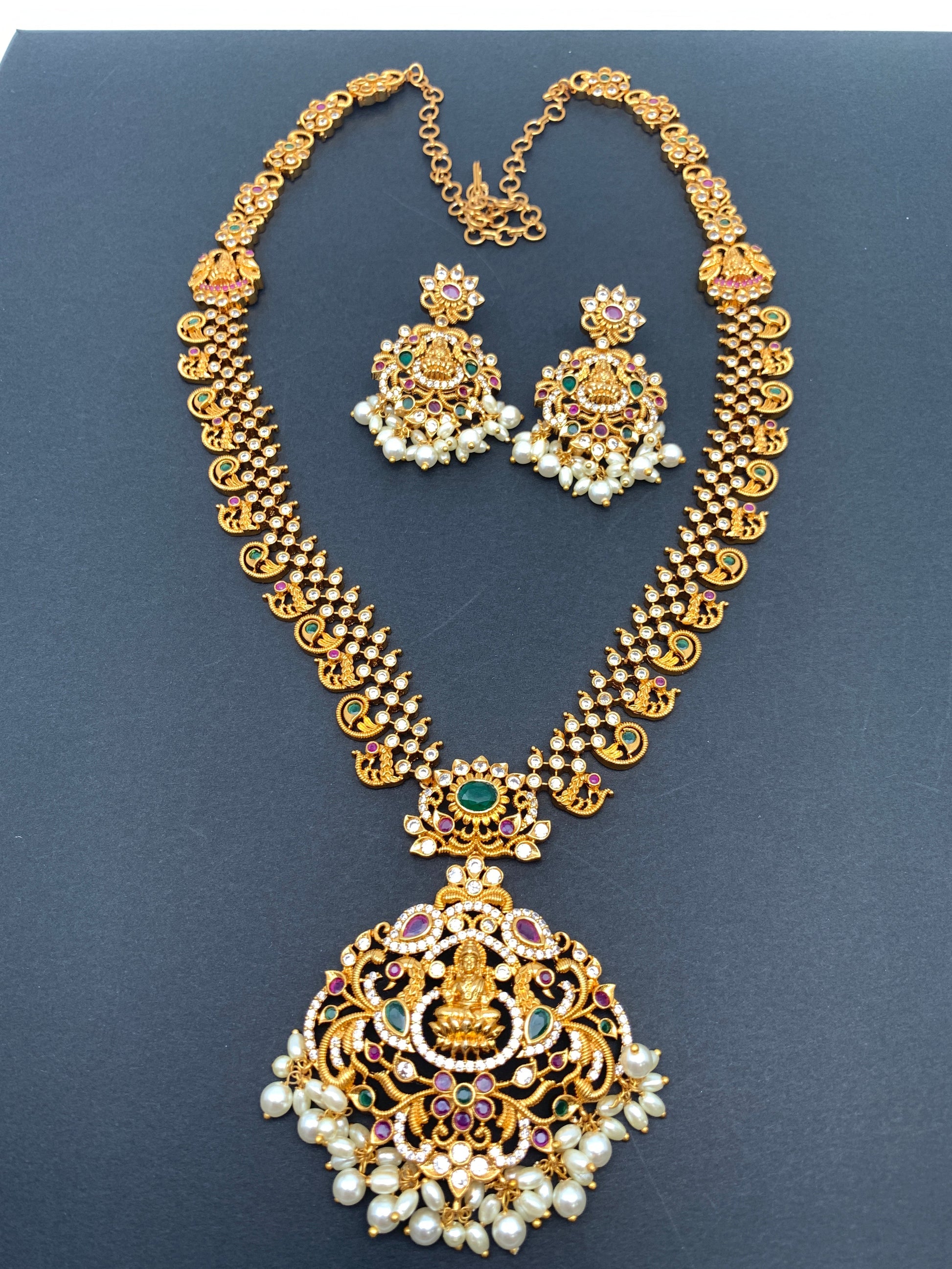 Goddess Lakshmi Peacock Multi Stone Pearls Long Necklace