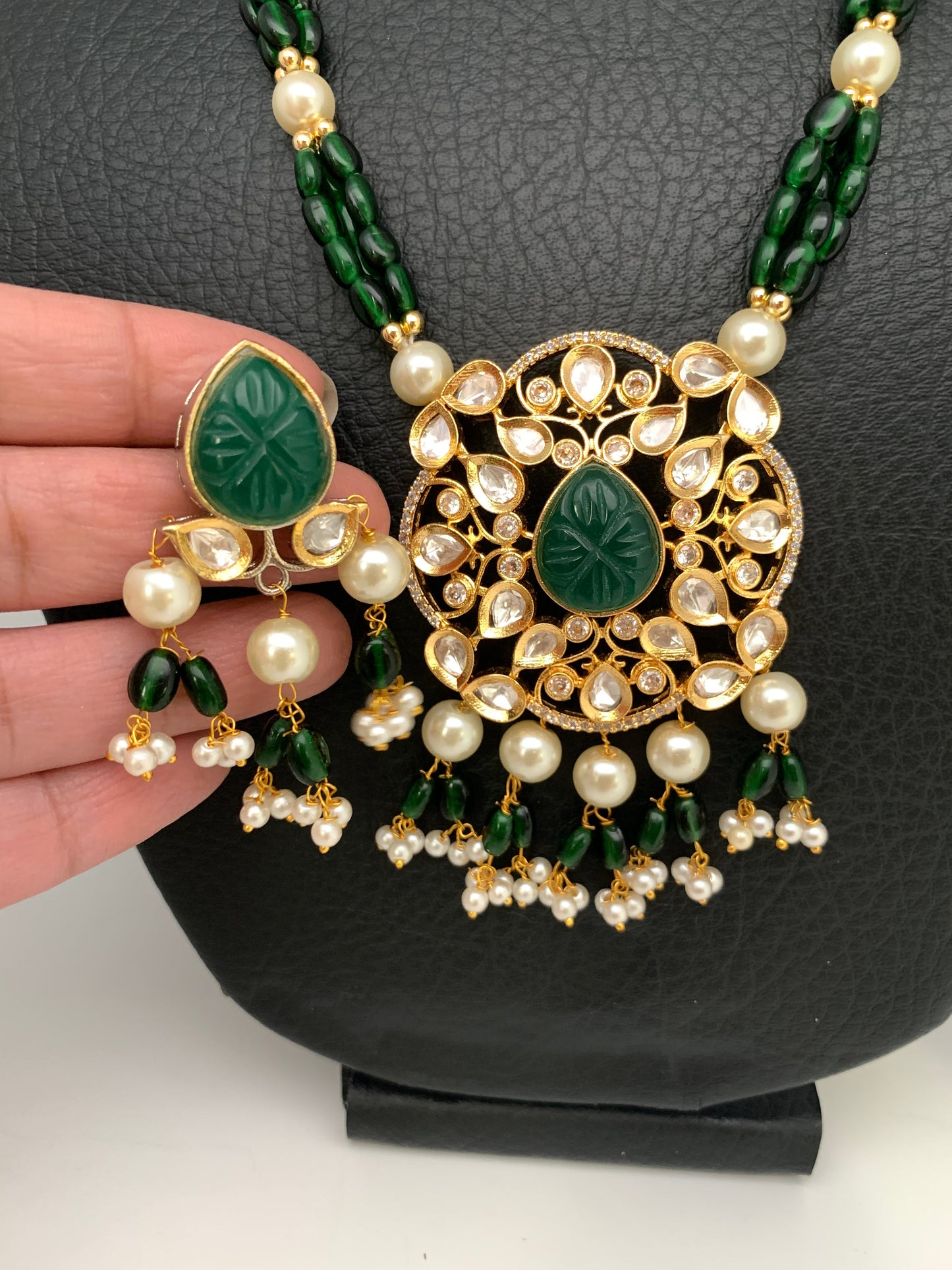 Kundan AD Pendent Green Beads Mala