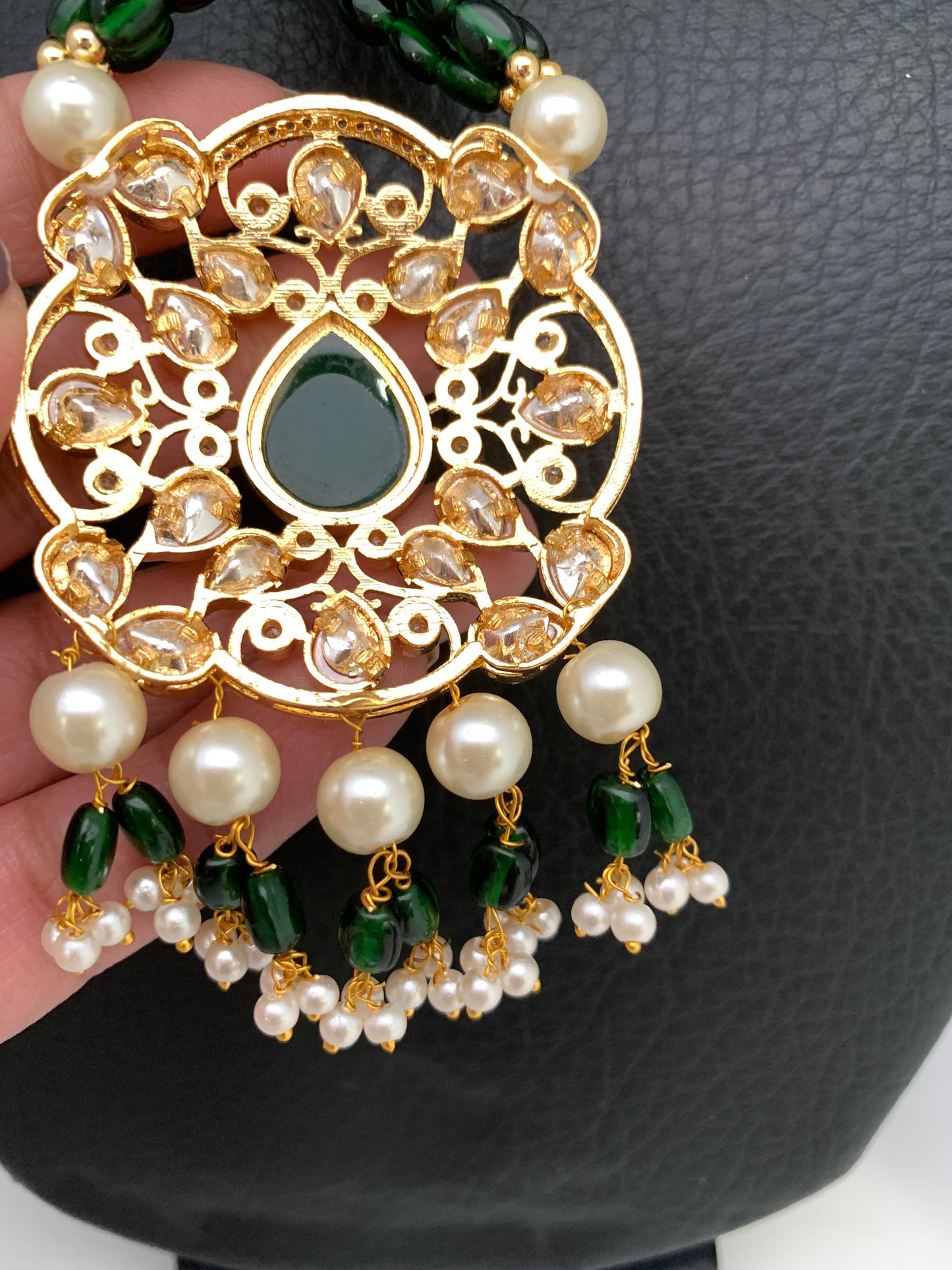 Kundan AD Pendent Green Beads Mala