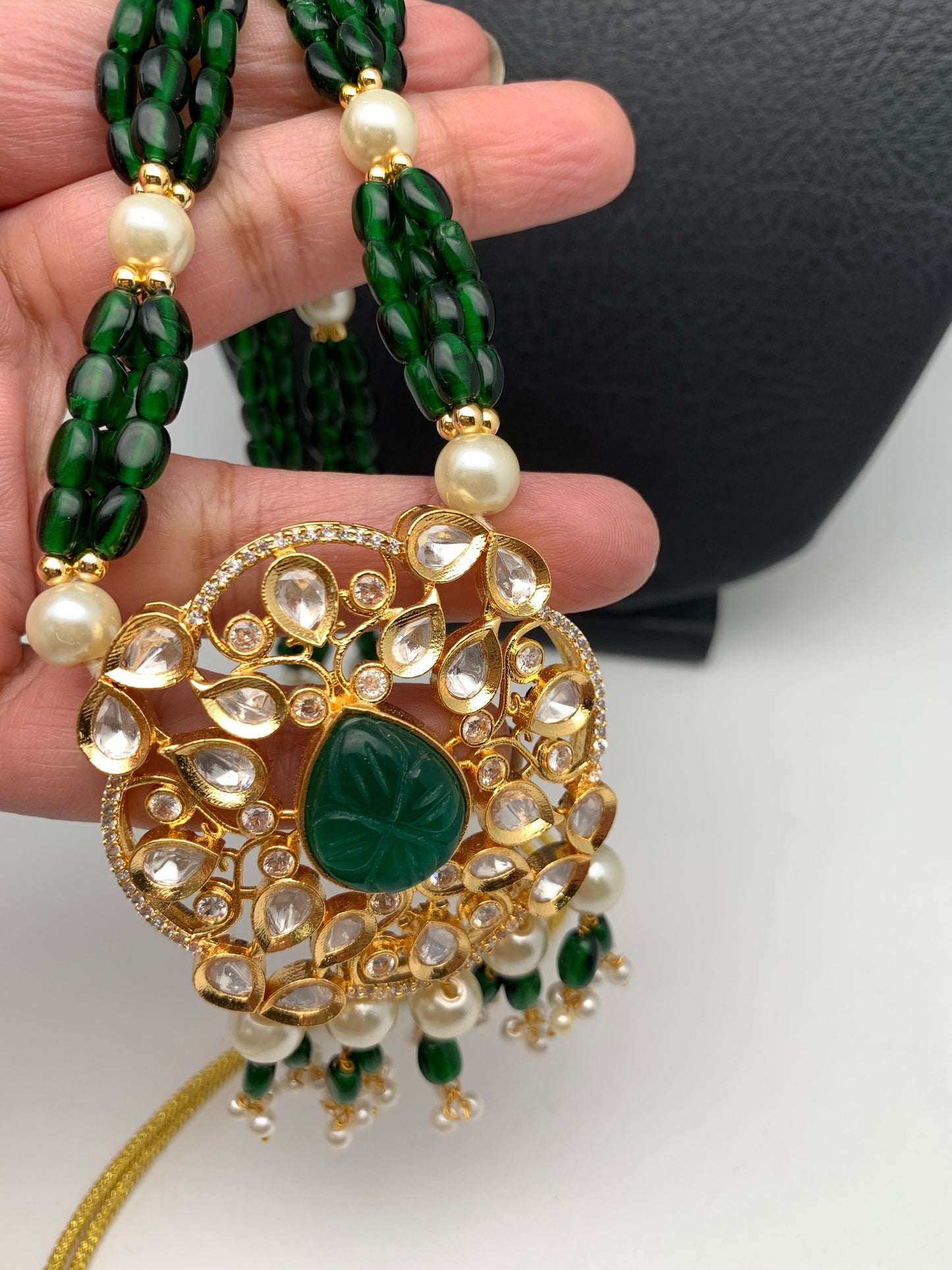 Kundan AD Pendent Green Beads Mala