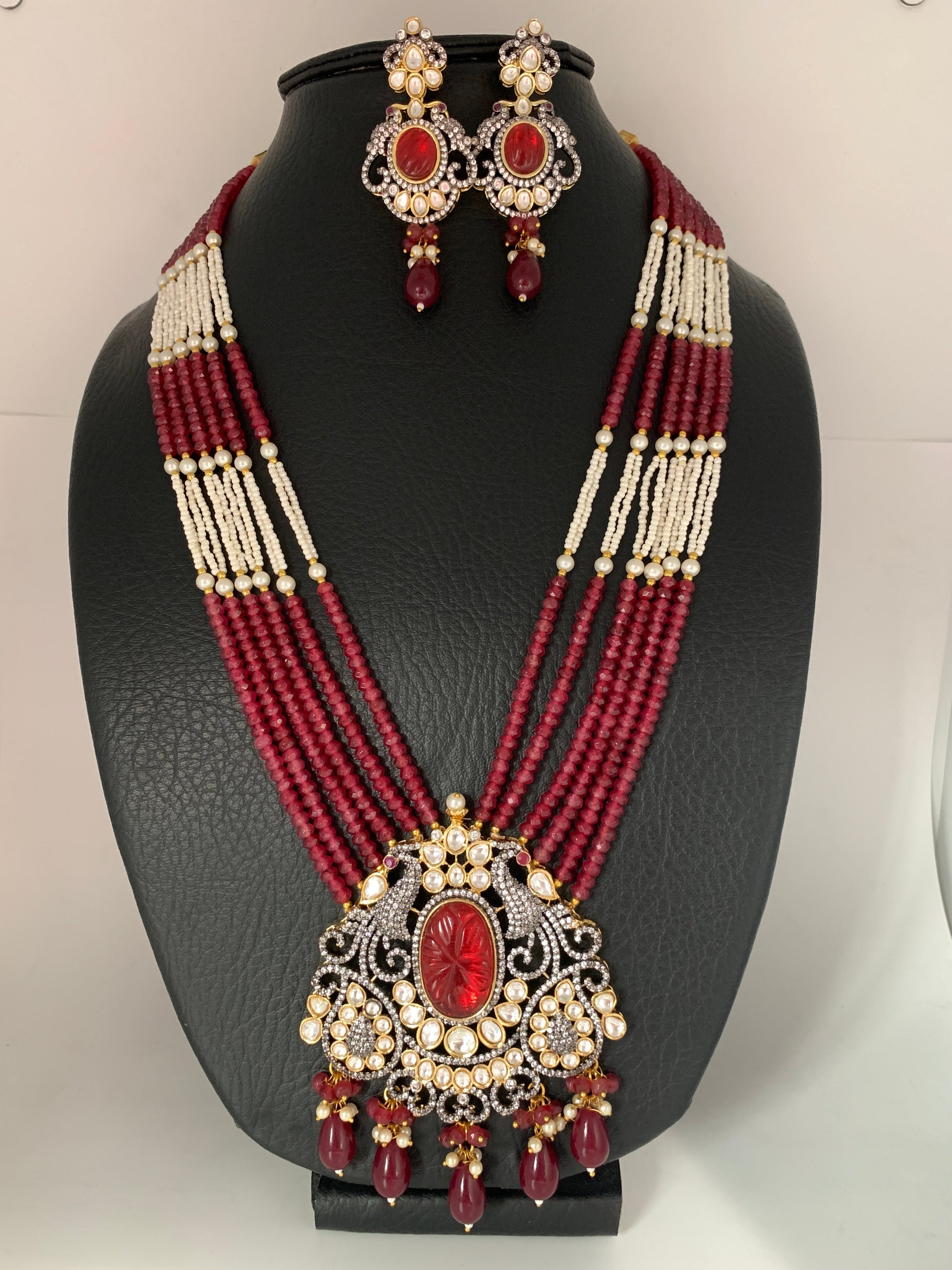 Kundan AD Victorian Dual Tone Pendent Pink Beads Mala