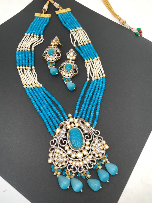 Kundan Teal Stone Dual Tone Pendent Teal Blue Beads and Pearls Mala