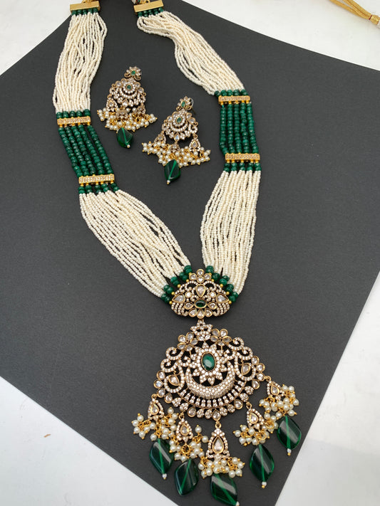 Kundan AD Mehndi Finish Pendent Green Beads Pearls Mala