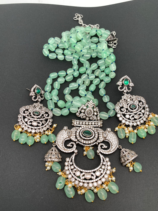 Kundan AD Mint Green Stone Victorian Pendent Mint Green Beads Mala