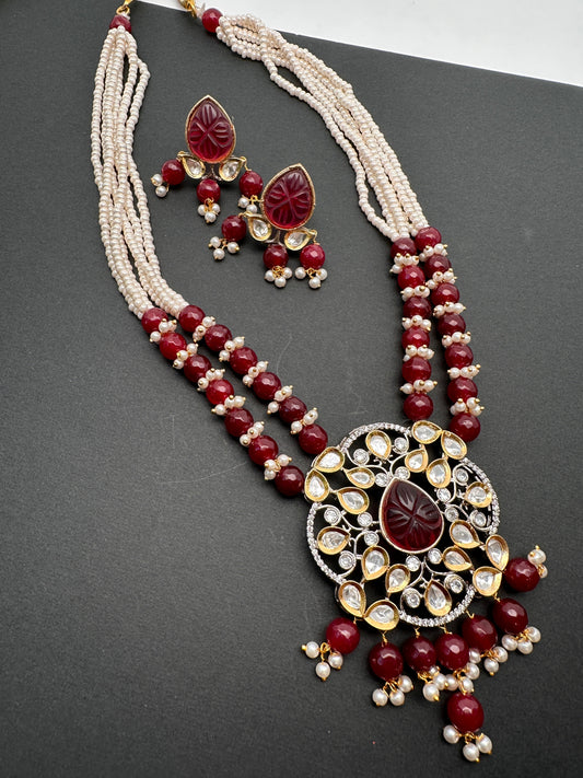 Kundan AD Red Stone Silver Finish Pendent Maroon Beads Mala