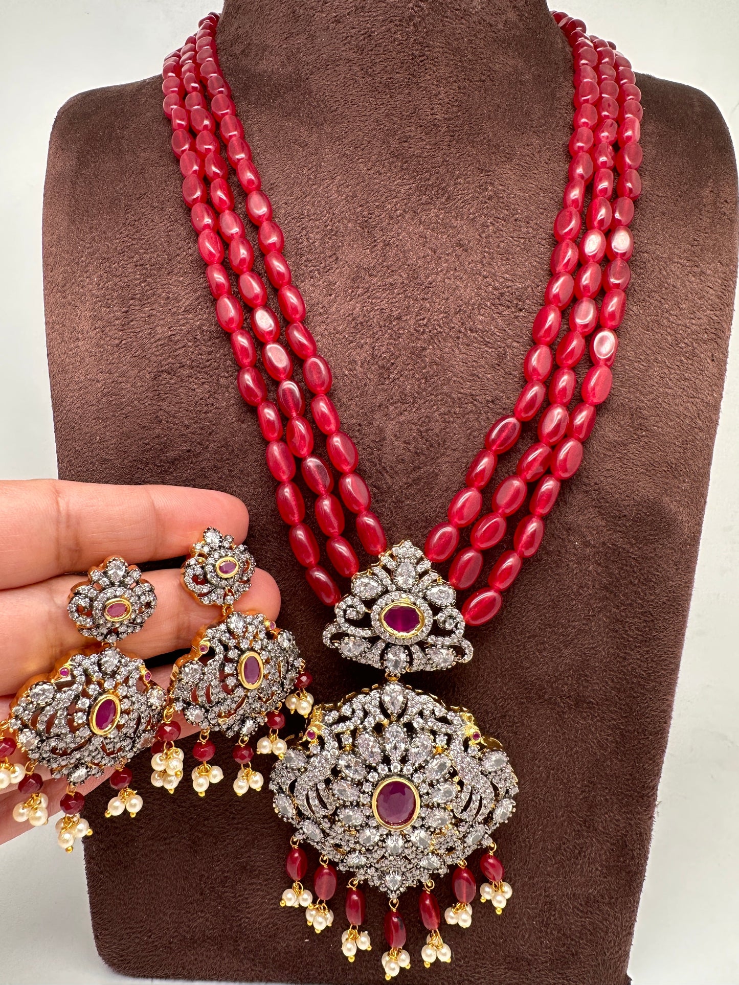 AD Red Stone Pendent Ruby Beads Mala