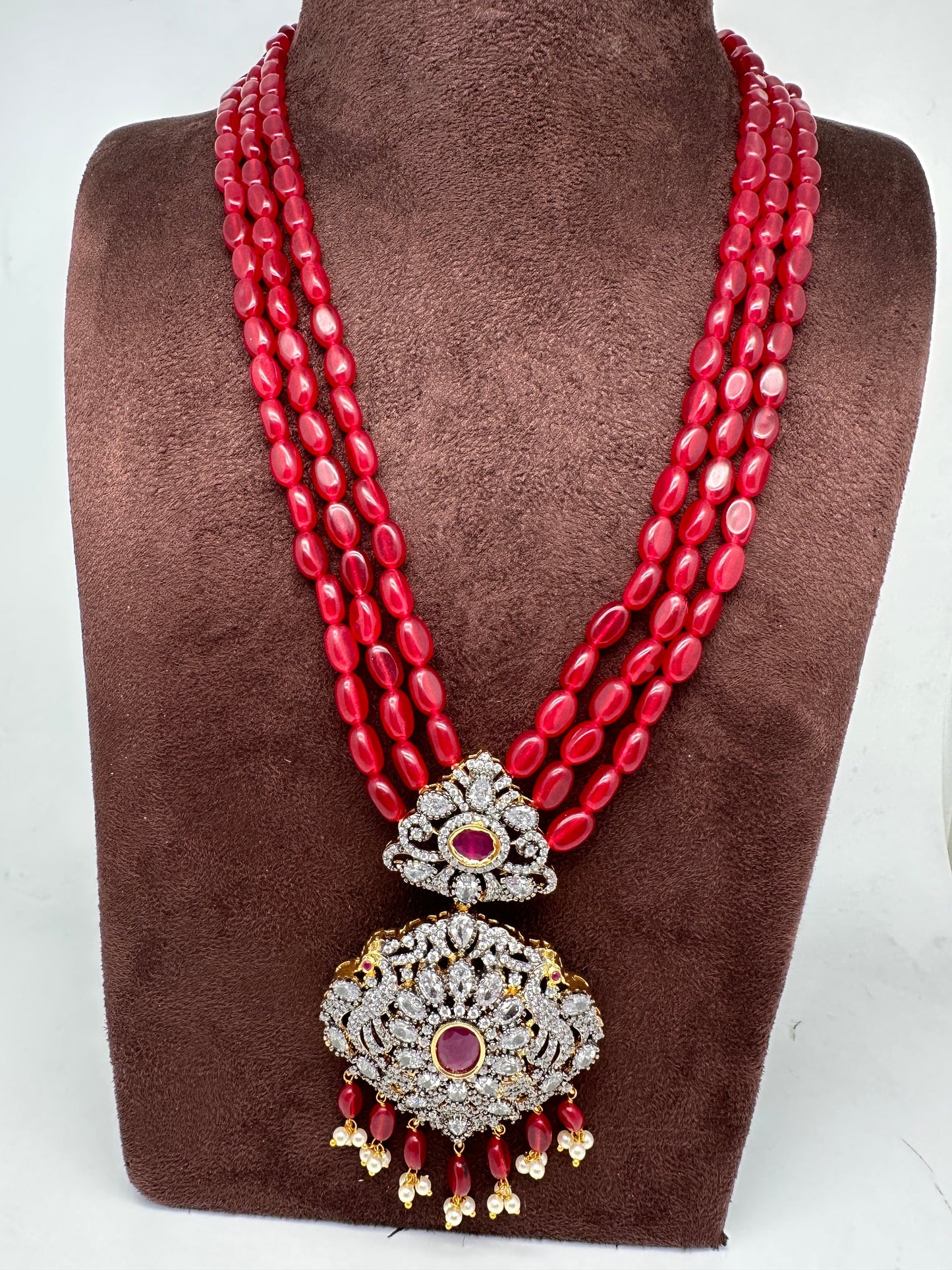 AD Red Stone Pendent Ruby Beads Mala