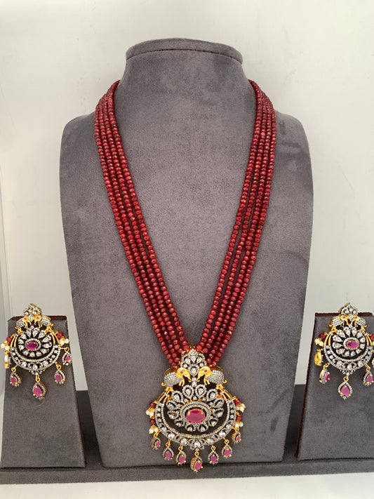 AD Red Stone Pendent Ruby Red Beads Long Mala