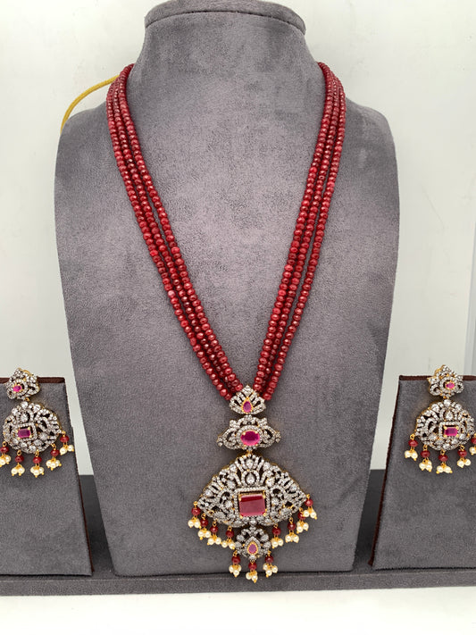 AD Red Stone Pendent Ruby Red Beads Long Mala