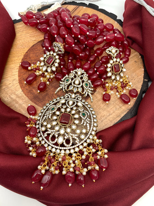 AD Red Stone Kundan Pendent Red Monalisa Beads Long Mala