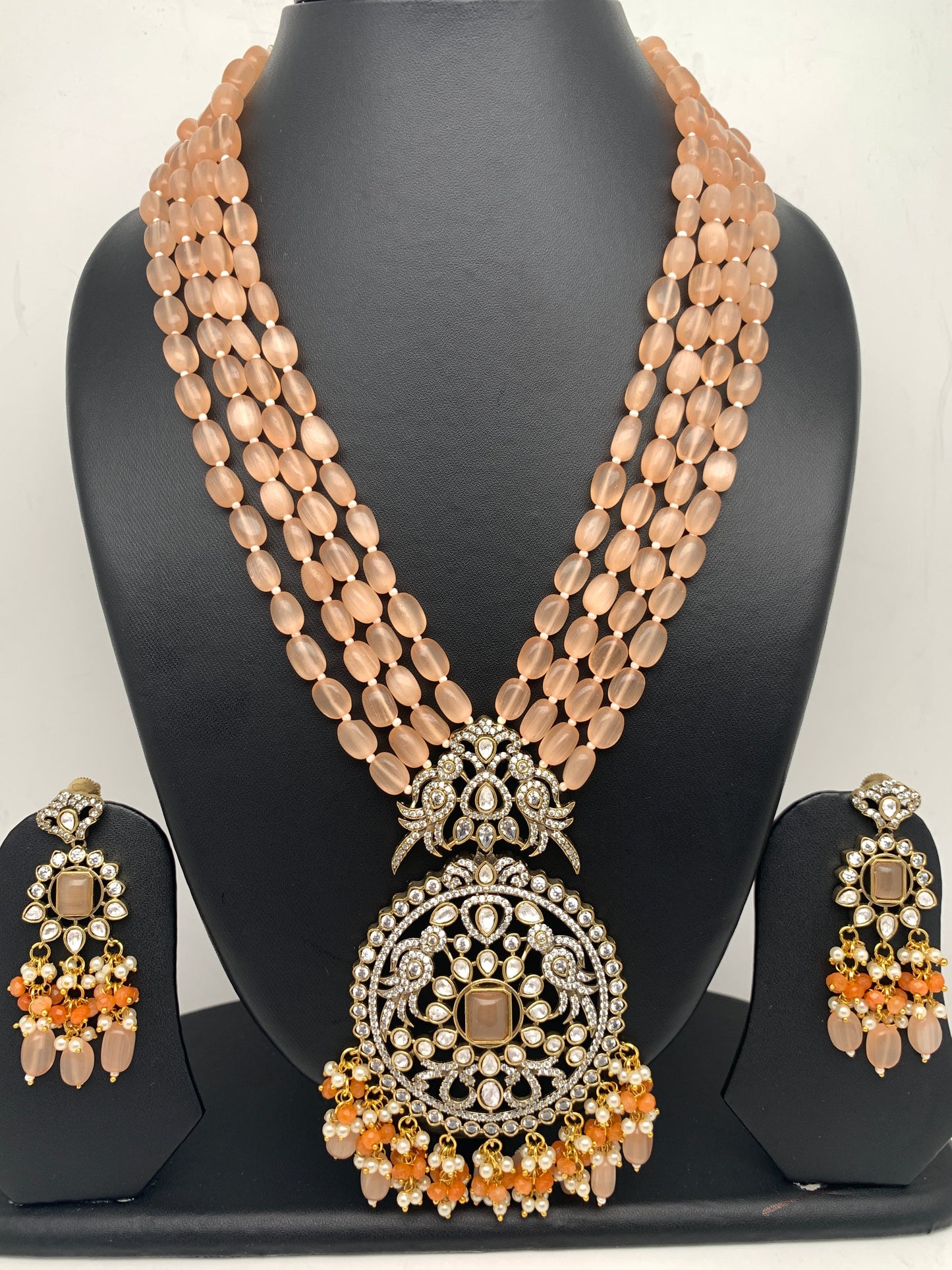 AD Peach Stone Kundan Pendent Peach Monalisa Beads Long Mala