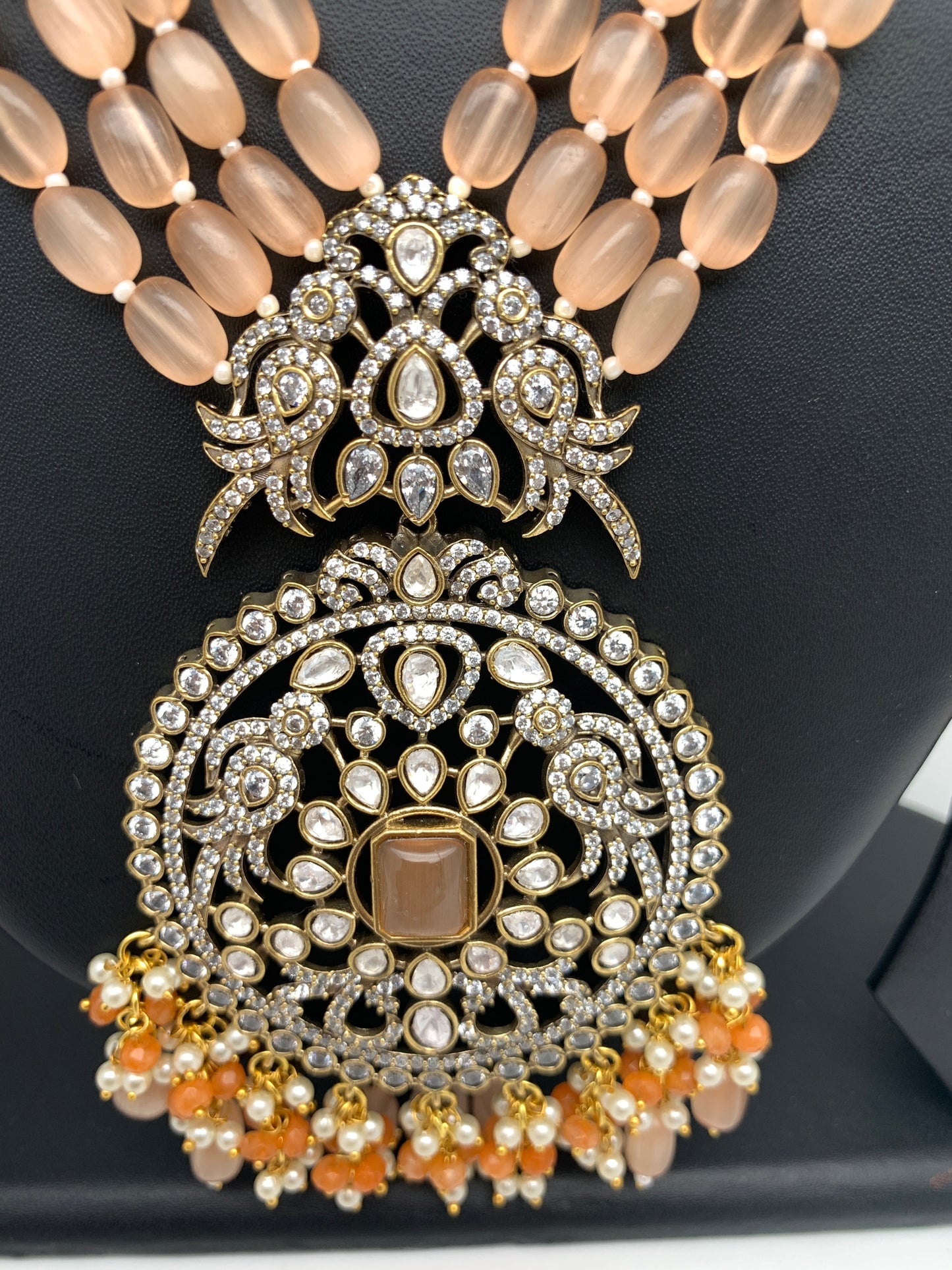 AD Peach Stone Kundan Pendent Peach Monalisa Beads Long Mala