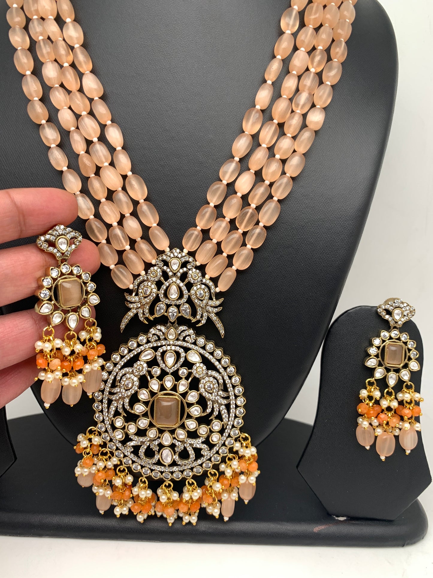 AD Peach Stone Kundan Pendent Peach Monalisa Beads Long Mala