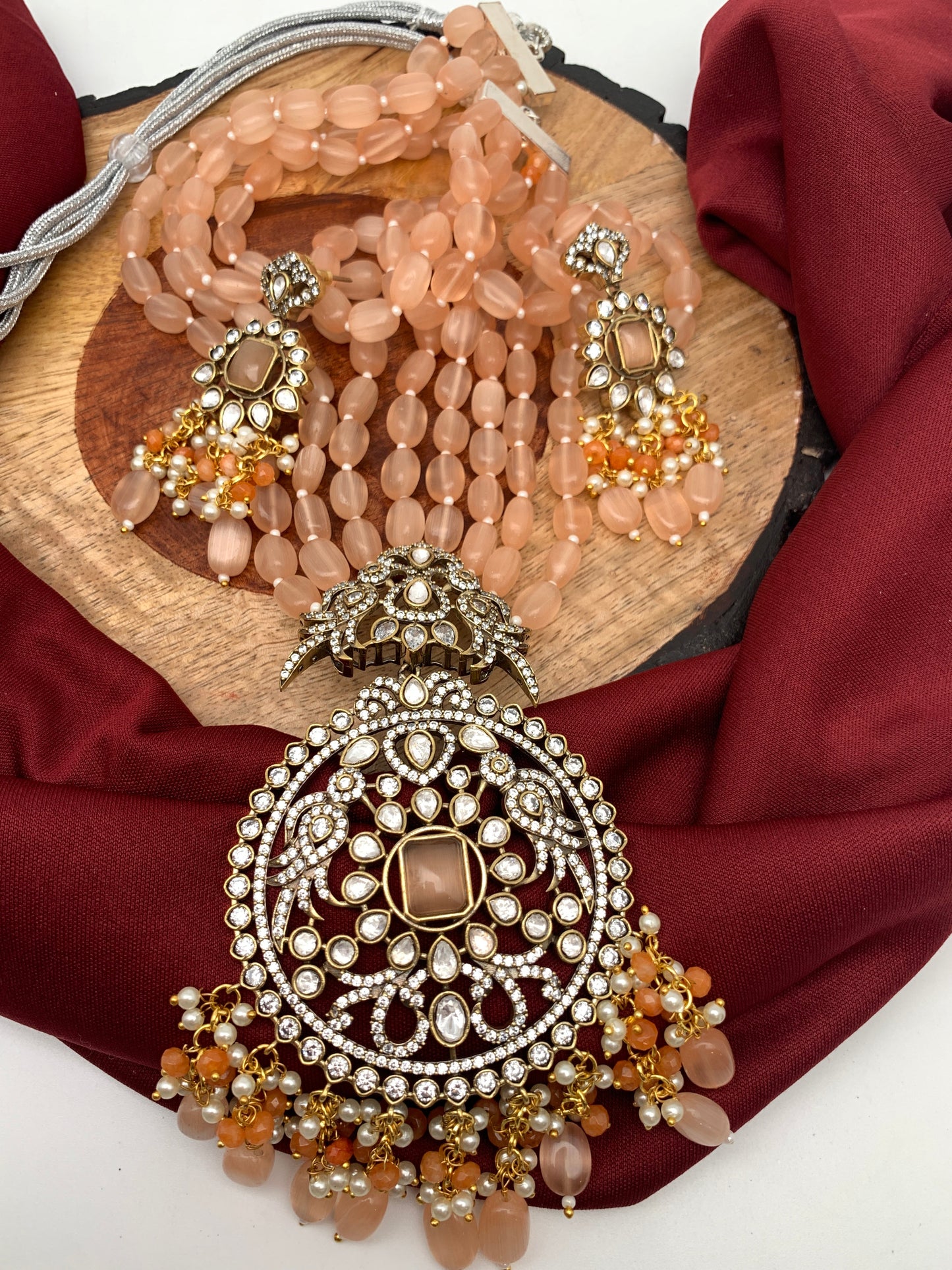 AD Peach Stone Kundan Pendent Peach Monalisa Beads Long Mala