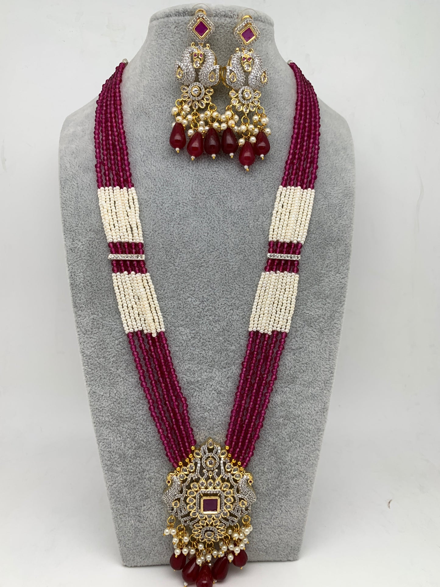 AD Red Stone Red Beads Peacock Pendent Pink White Hydro Beads Long Mala