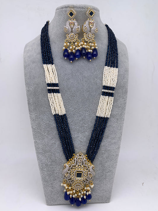 AD Blue Stone Blue Beads Peacock Pendent Blue White Hydro Beads Long Mala