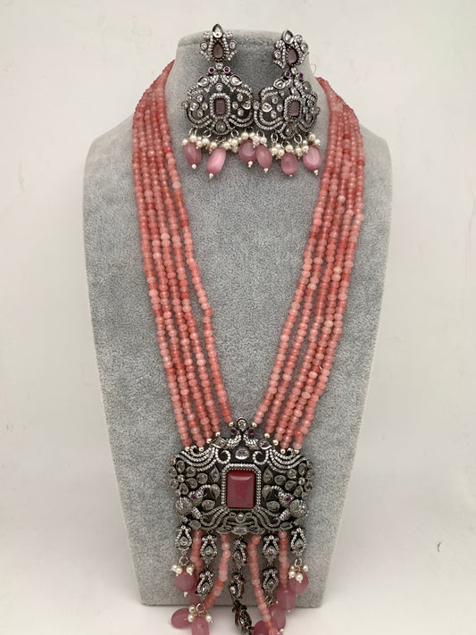 AD Pink Stone Victorian Pendent Pink Beads Long Mala