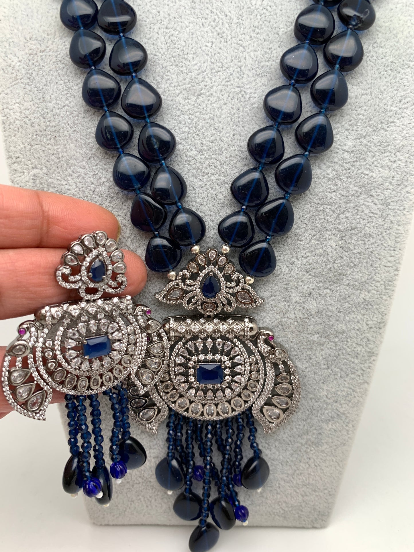 Victorian Pendent Blue Beads Long Mala Necklace