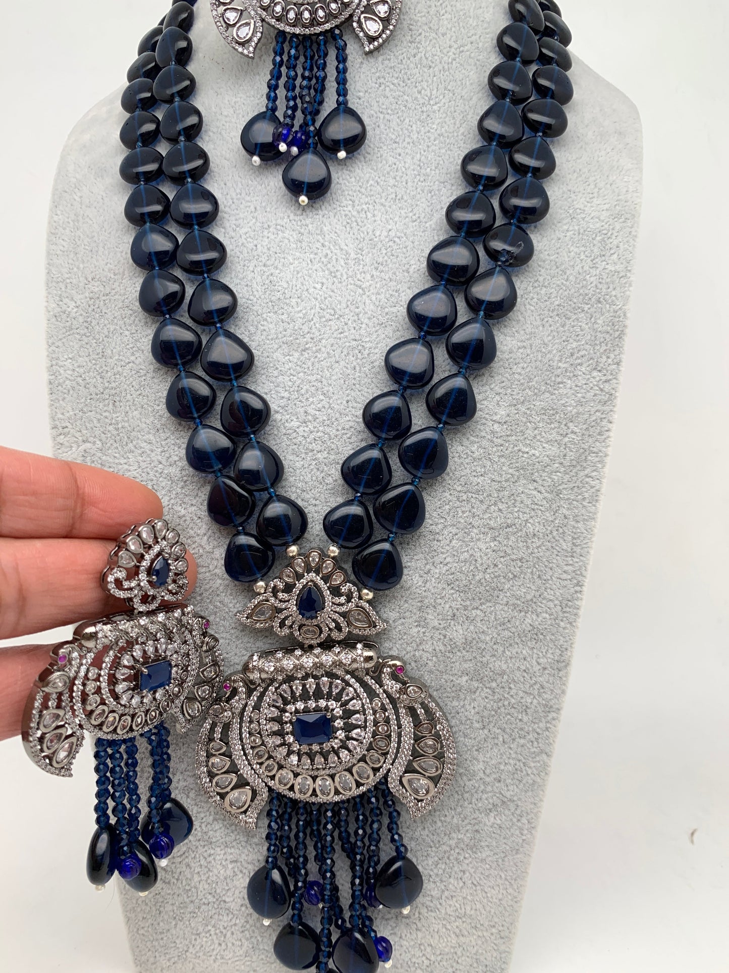 Victorian Pendent Blue Beads Long Mala Necklace